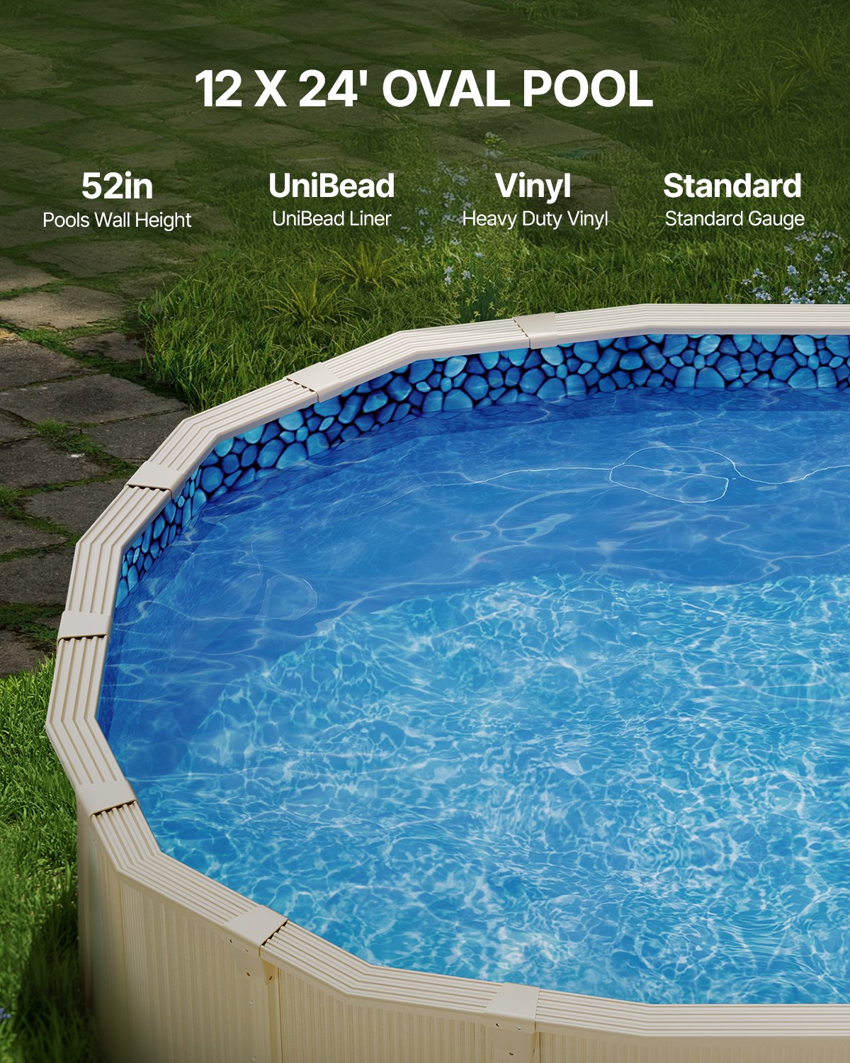 Oval Pool Liner 12x24ft Unibead Style - Durable Vinyl, Blue, 52in Wall