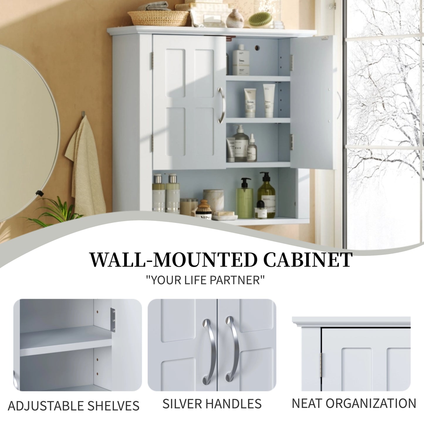 Wall-Mounted Bathroom Storage Cabinet with Adjustable Shelves - White