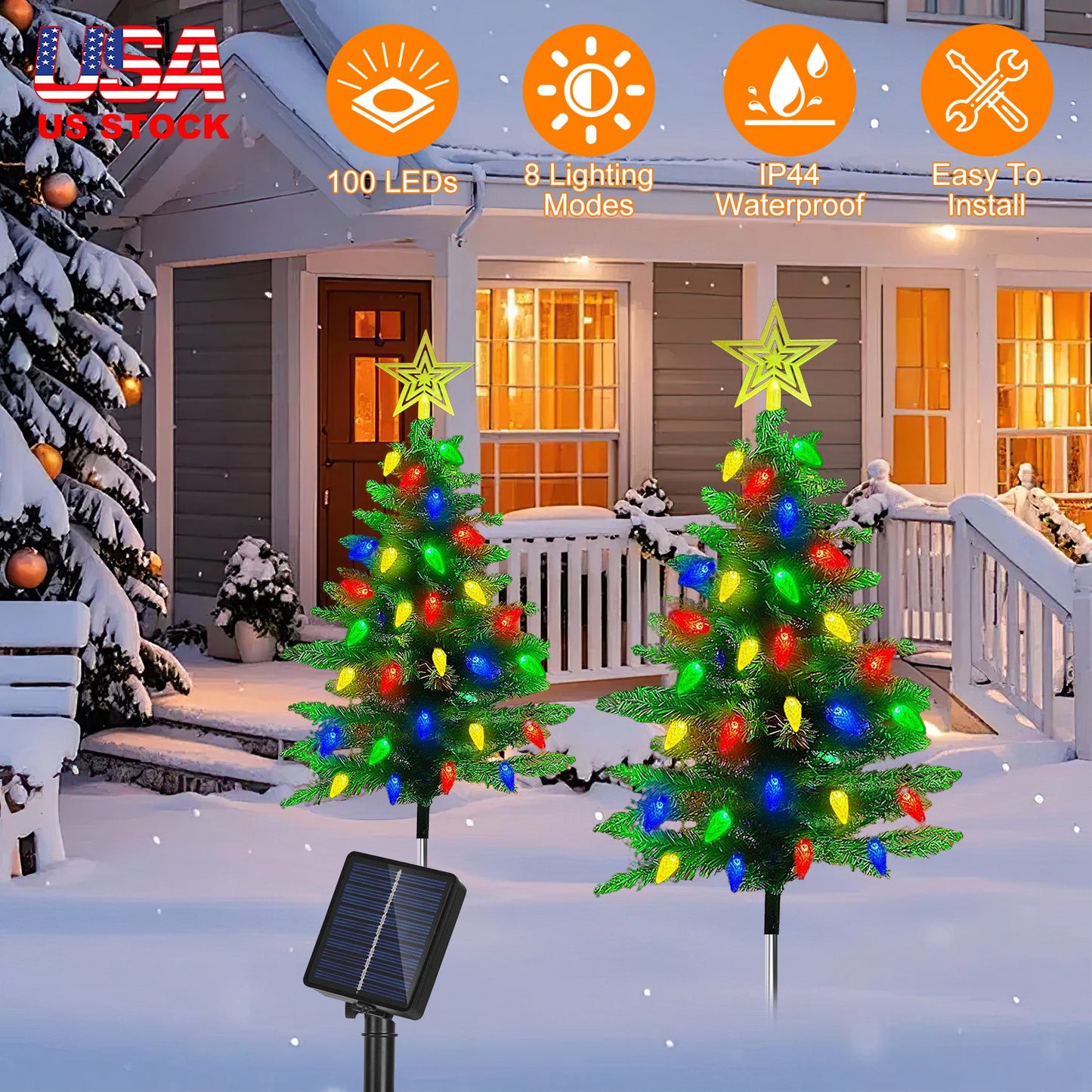 Solar Christmas Tree Lights - 37.4in Height, 100 LEDs, 8 Modes, 2 Pack