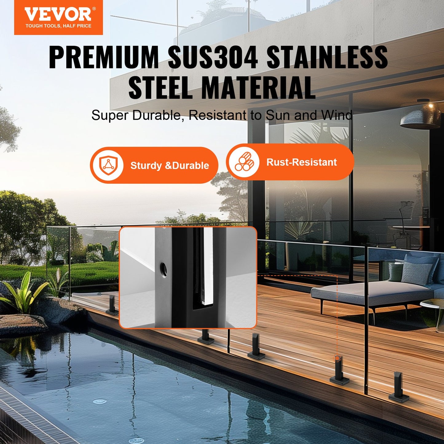 Glass Clamp Set - 10 Black Square Railing Brackets for 0.31-0.47 inch Glass