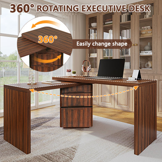 90 Modern L Shaped Desk In Walnut With 3 Drawers,360 Wood Rotating