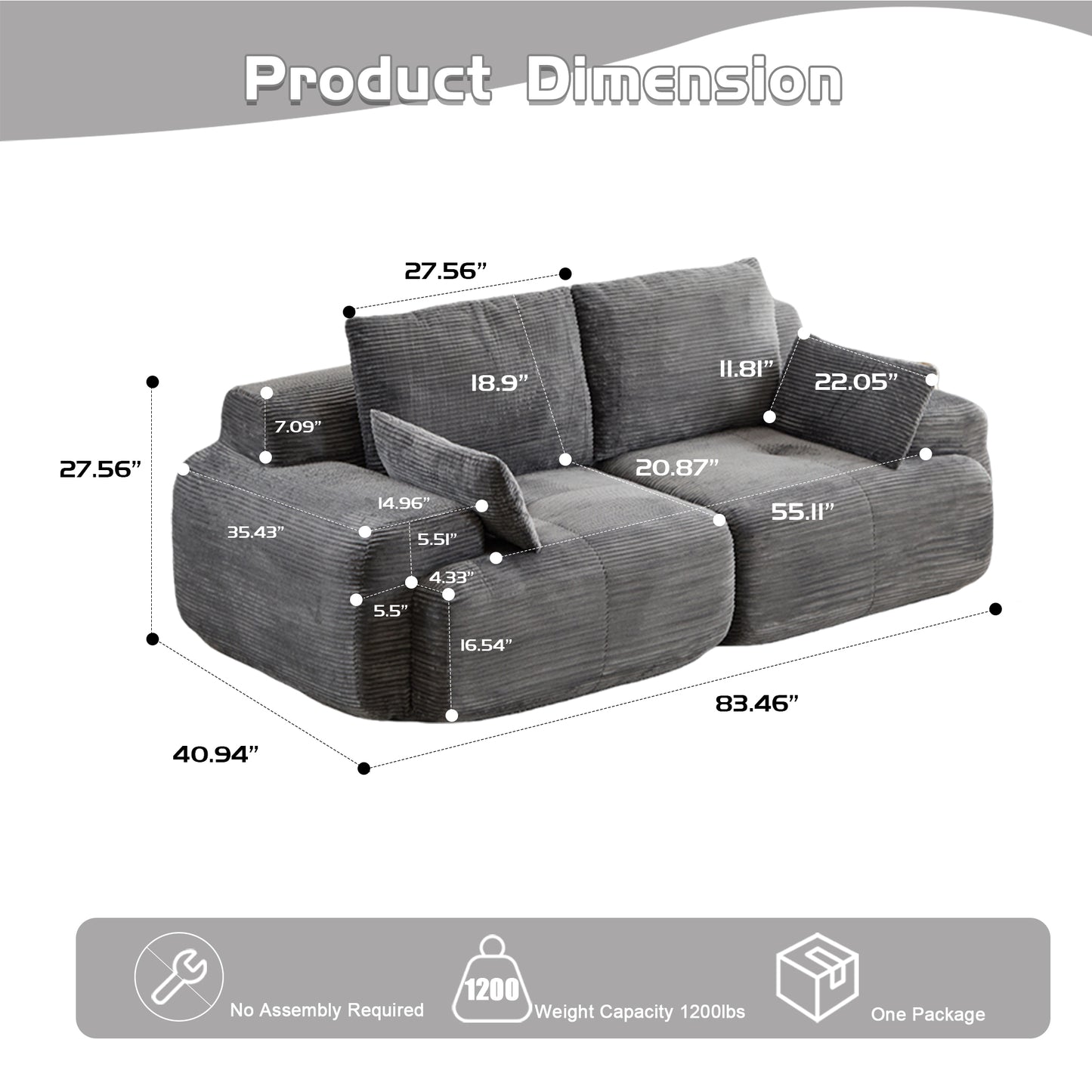 Modern Memory Foam 2-Seater Sectional Sofa - Grey