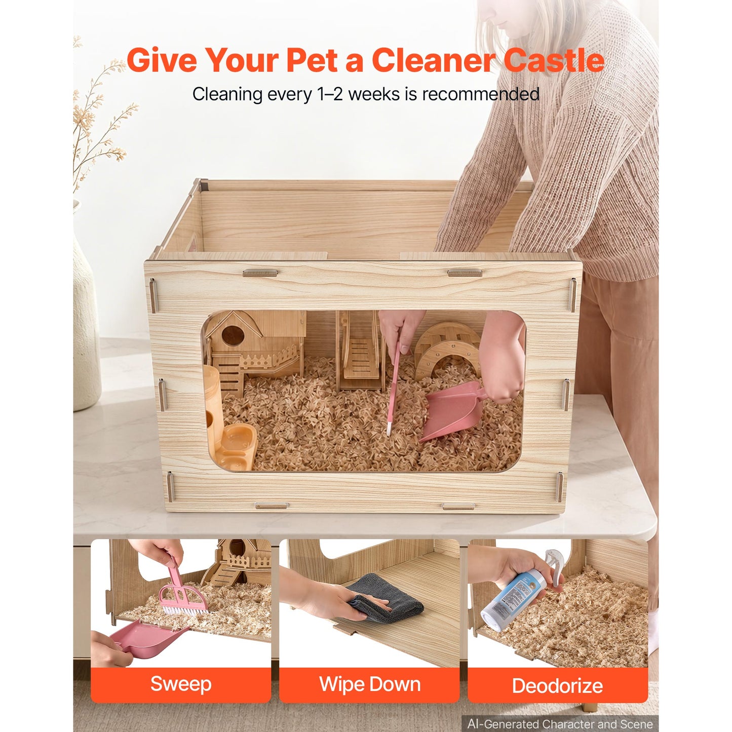 Wooden Hamster Cage 23.8x15.9x15.9 Inches Large Small Animal Habitat with Open Top