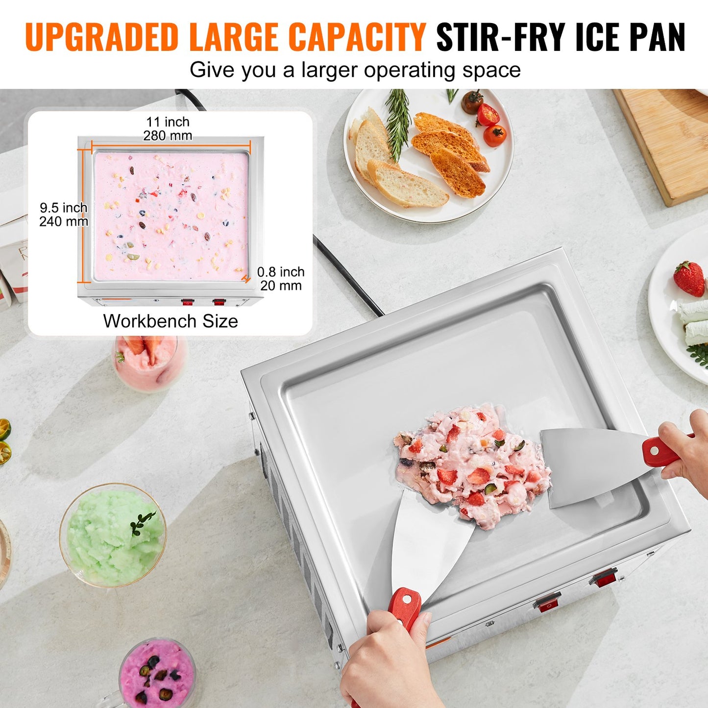 Ice Cream Roll Machine 11x9.5 Inch Stainless Steel Frozen Yogurt Maker with Compressor & 2 Scrapers - Silver