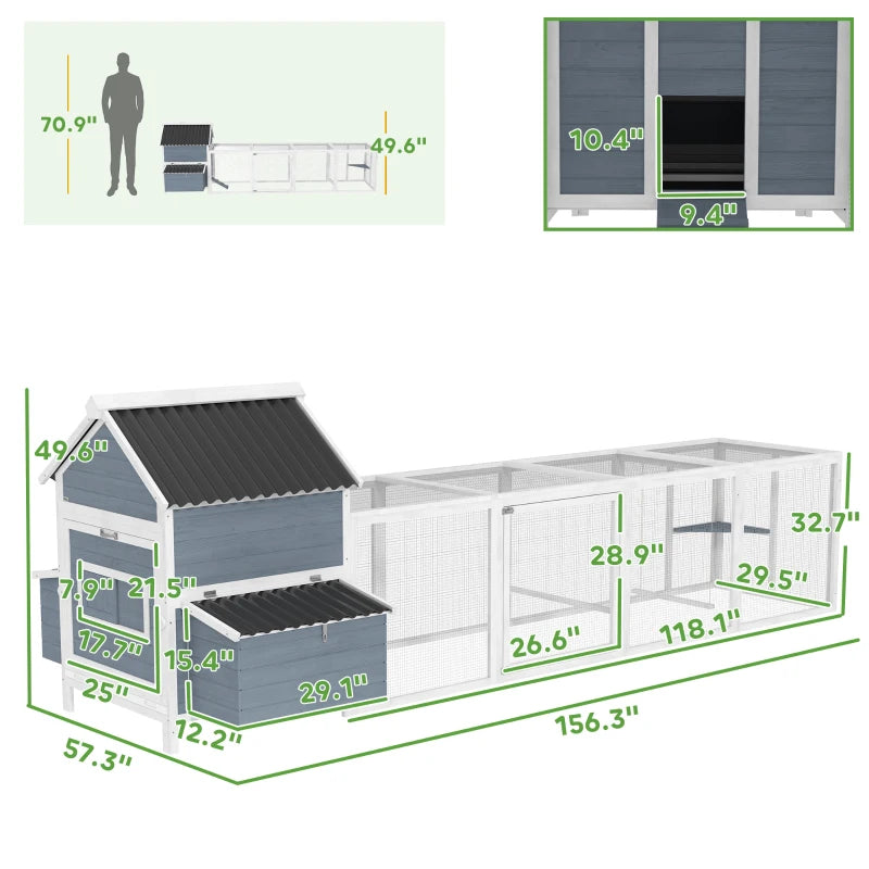 Large Wooden Chicken Coop with Run, Nesting Boxes & Waterproof Roof - Light Gray