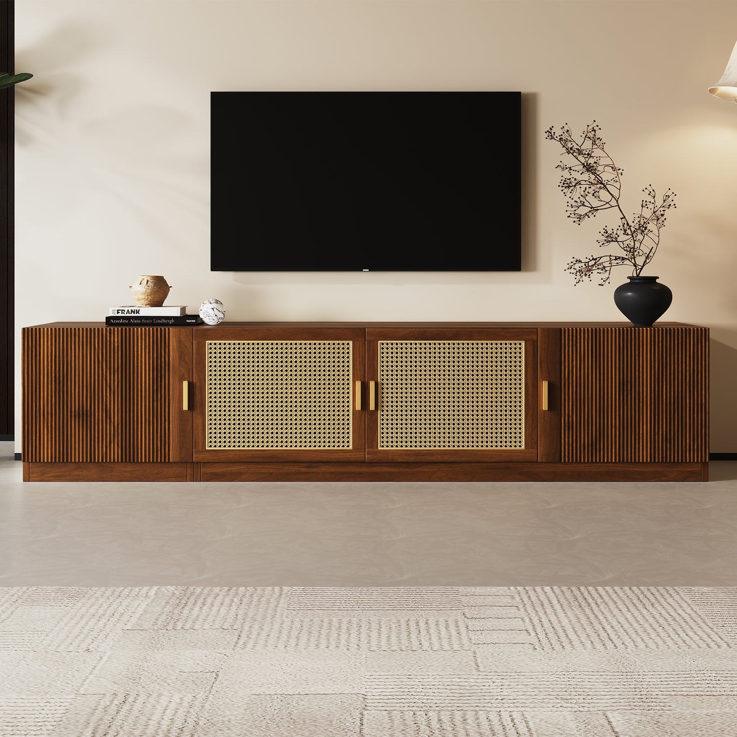 78" TV Stand for TVs Up to 85" - Walnut Media Console with Rattan Doors