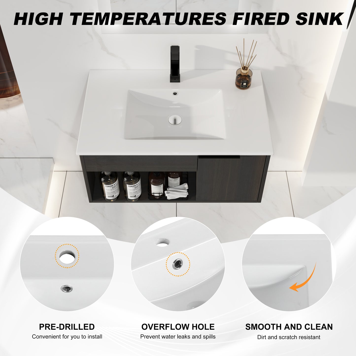 30-Inch Wall-Mounted Bathroom Vanity with Ceramic Sink - Dark Oak