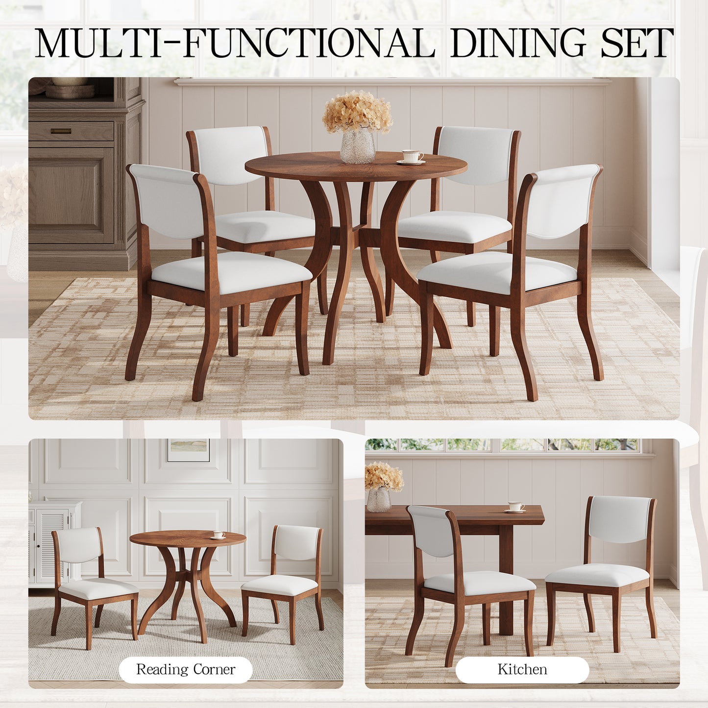 Round Walnut Dining Table Set with 2 Chairs - Traditional Design