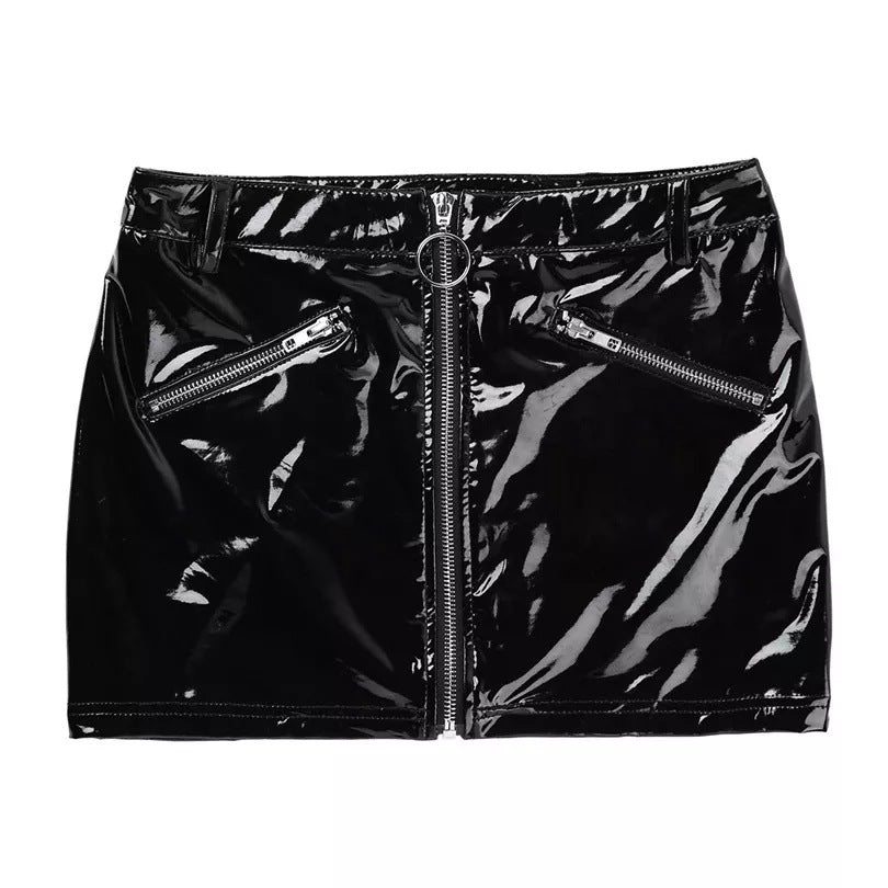 High-Gloss PVC Patent Leather Short Skirt with Zipper for Women
