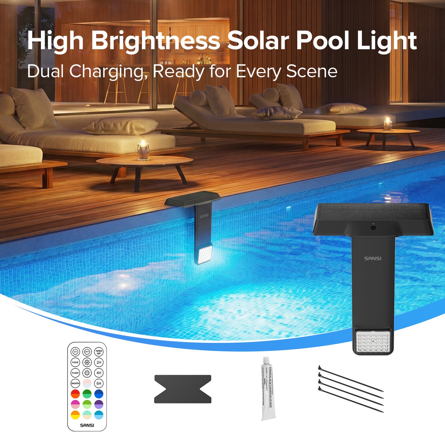 Solar Pool Light RGB with Remote, 20 Colors, 4 Modes, Waterproof IP68, Rechargeable, Easy Magnetic Mount