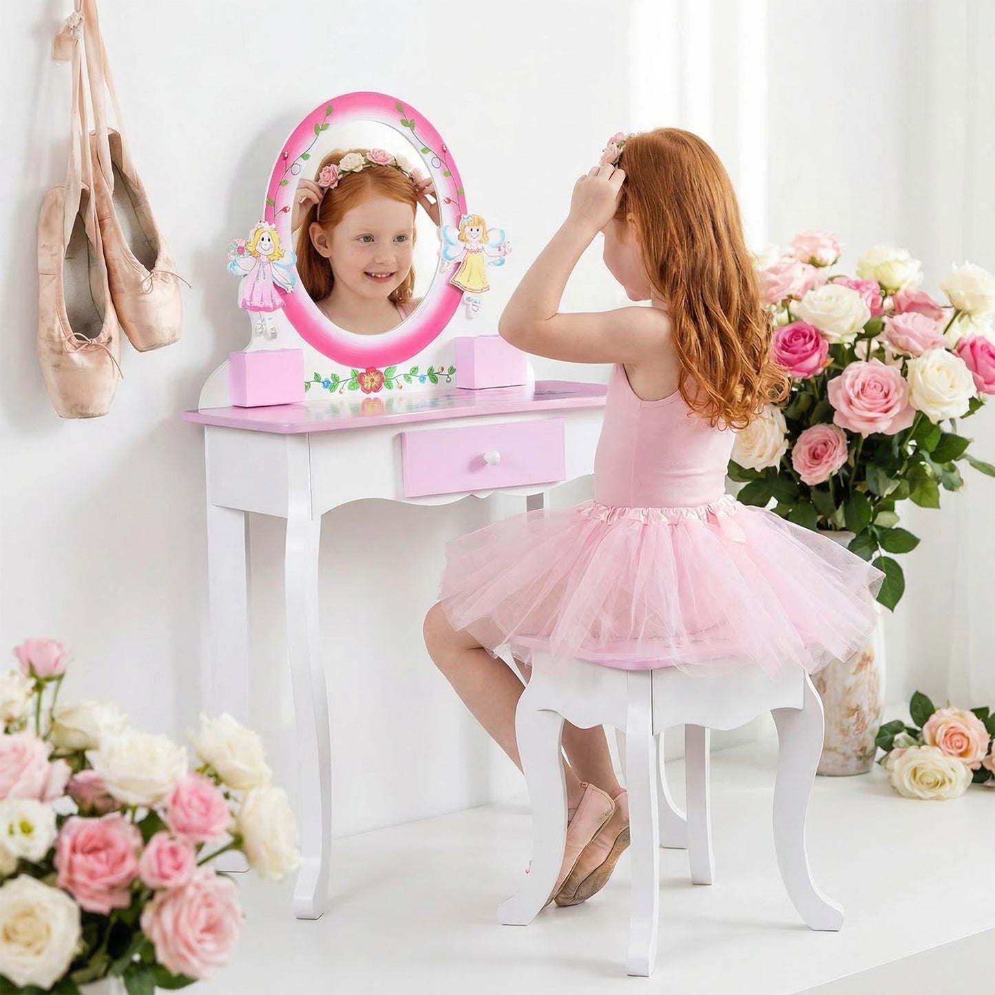 Kids Vanity Set Floral Printed Wooden Makeup Dressing Princess Table