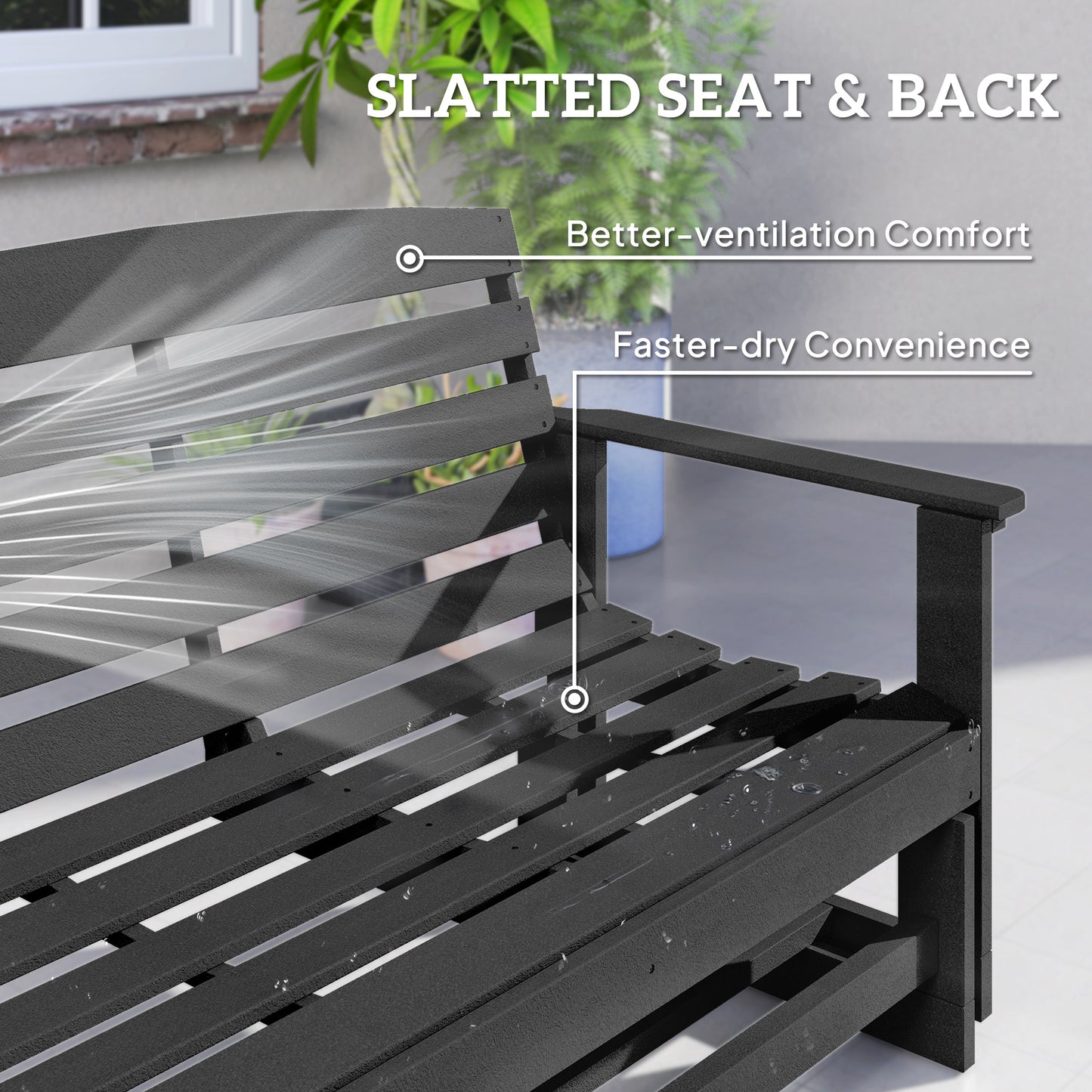 Patio Glider Bench - HDPE Slatted Double Rocking Chair - Black