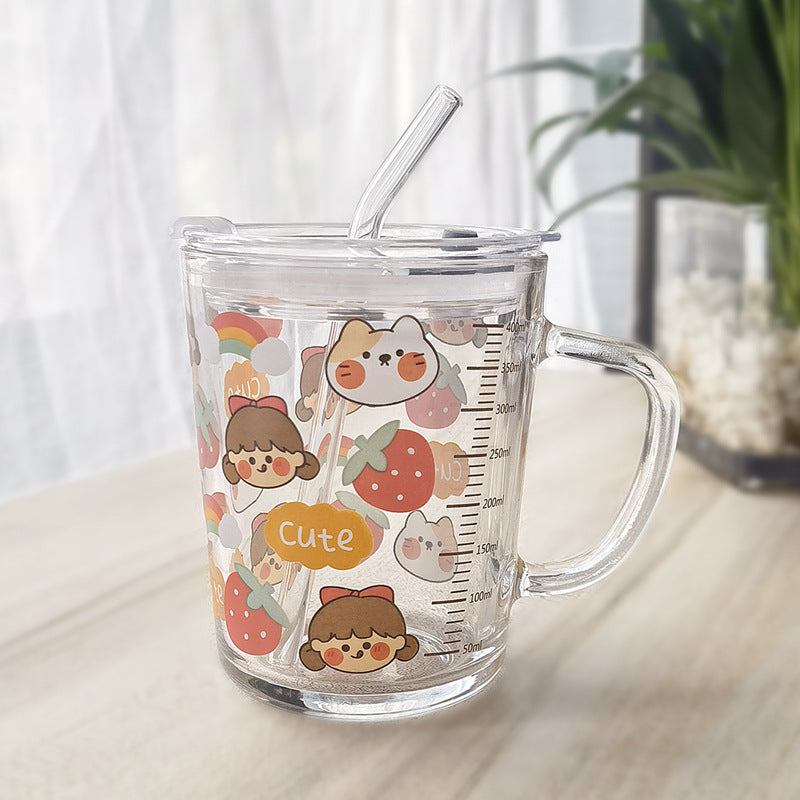 Minimalist Cartoon Glass Water Cup with Straw - Heat-Resistant, 400ML