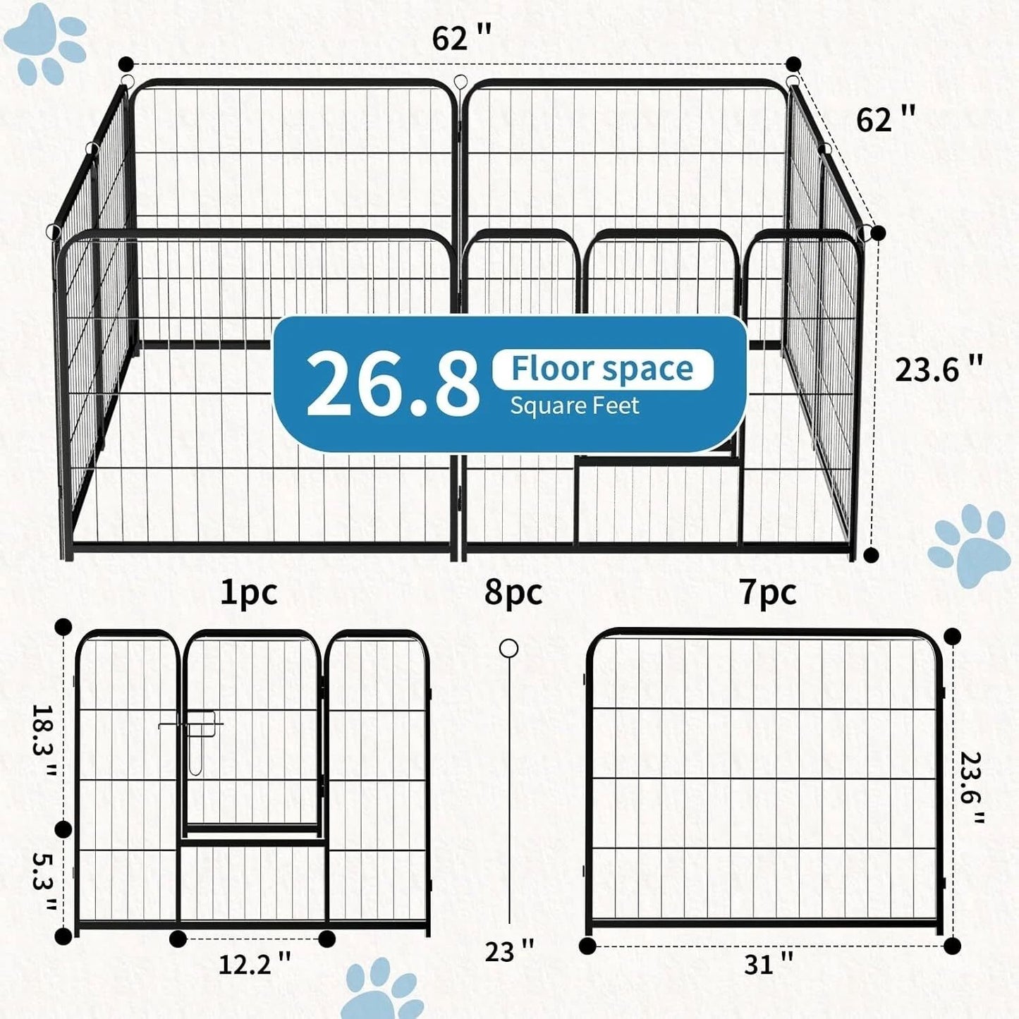 Indoor Outdoor Dog Playpen with Gate - Portable Heavy-Duty Pet Fence, Black, 24 Inch