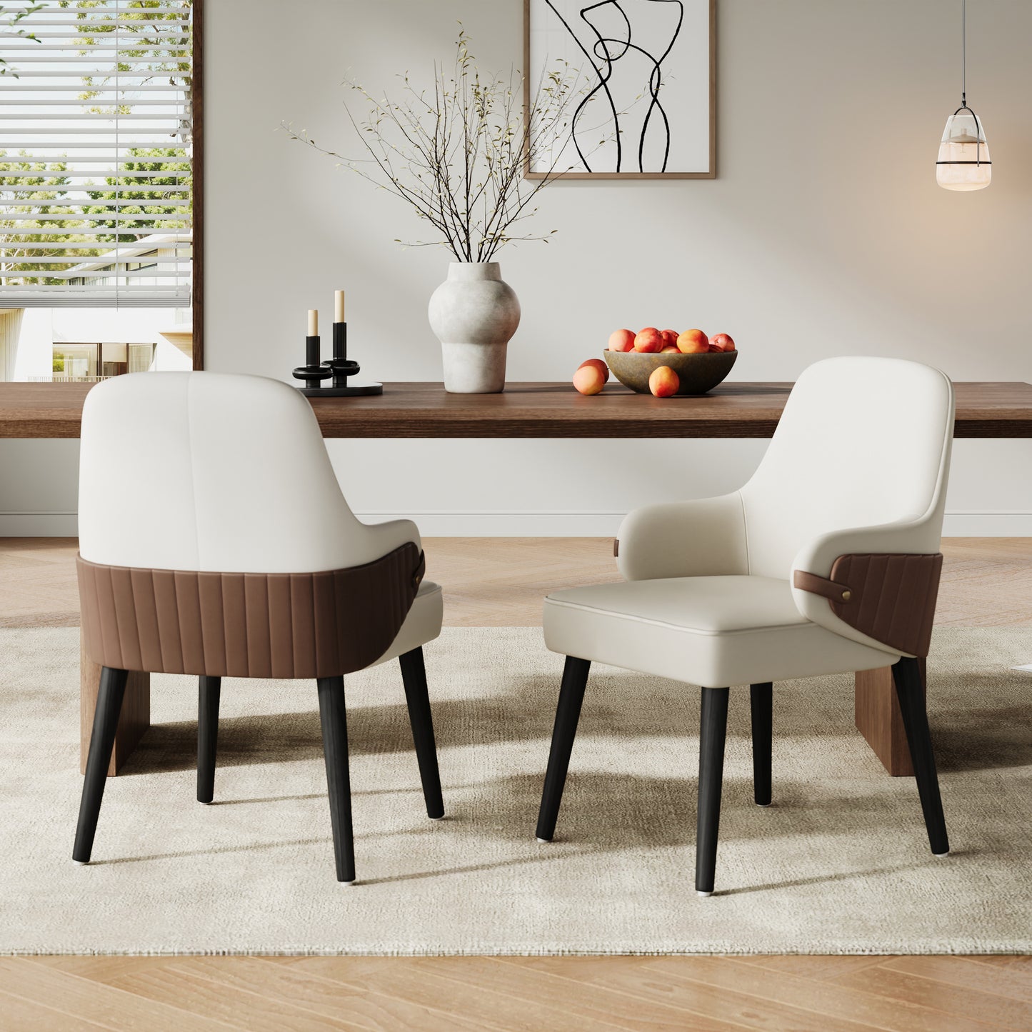 Indoor Dining Chair Set of 2 - Beige & Brown Fabric Armchairs