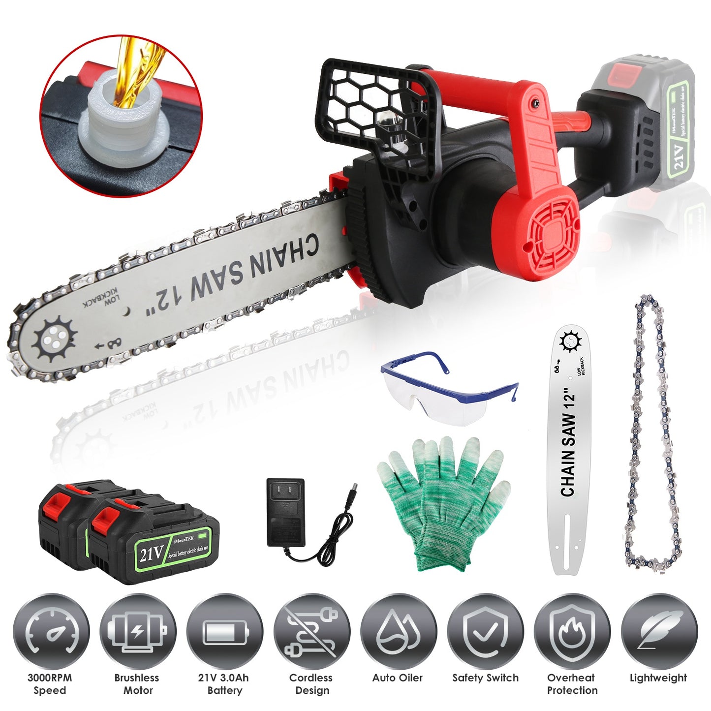 12-Inch Cordless Electric Chainsaw with 21V Battery & Auto Oiler - Tree & Wood Cutting