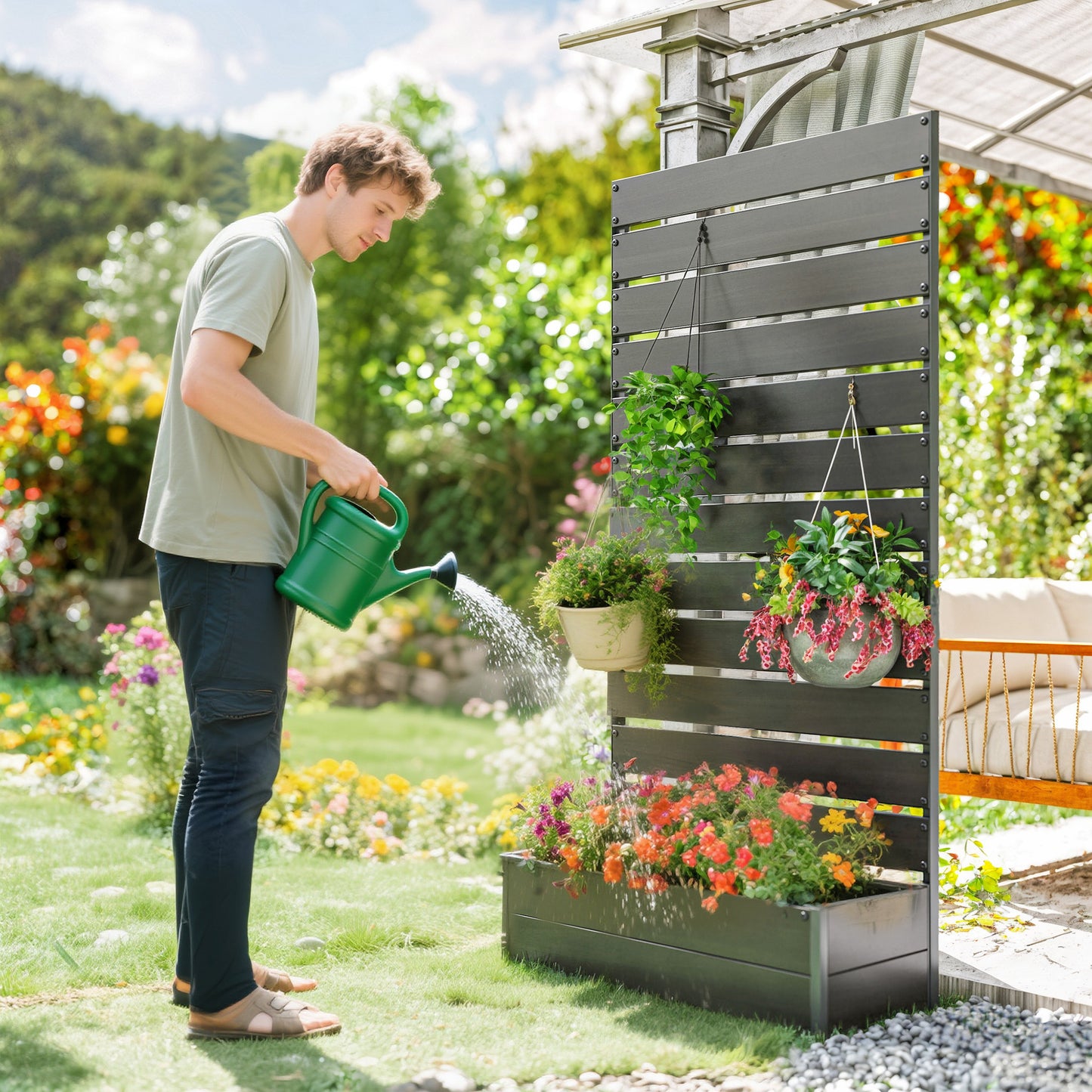 Raised Garden Bed with Trellis for Climbing Plants Outdoor Planter Box Black