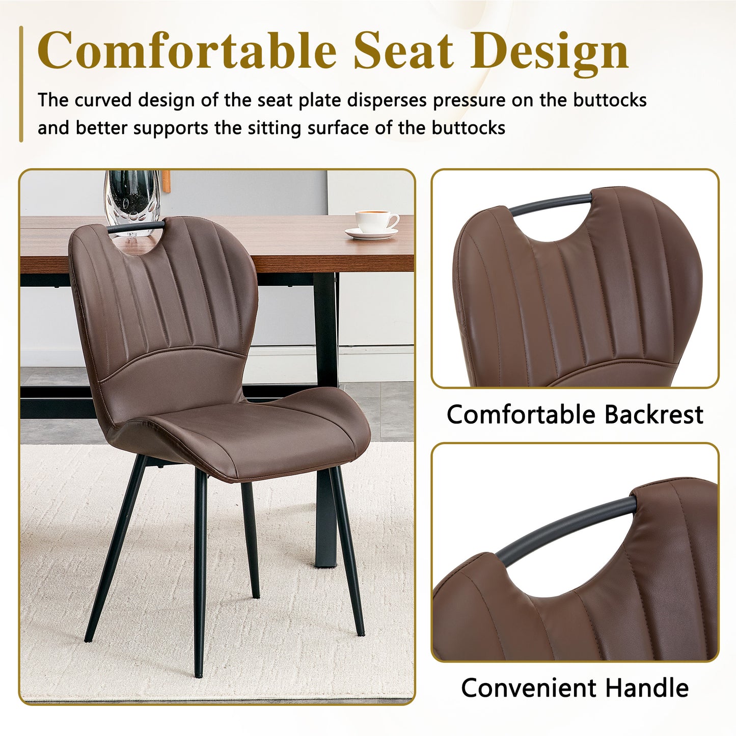 Set Of 4 Brown PU Dining Chairs With Integrated Handle. Black Metal