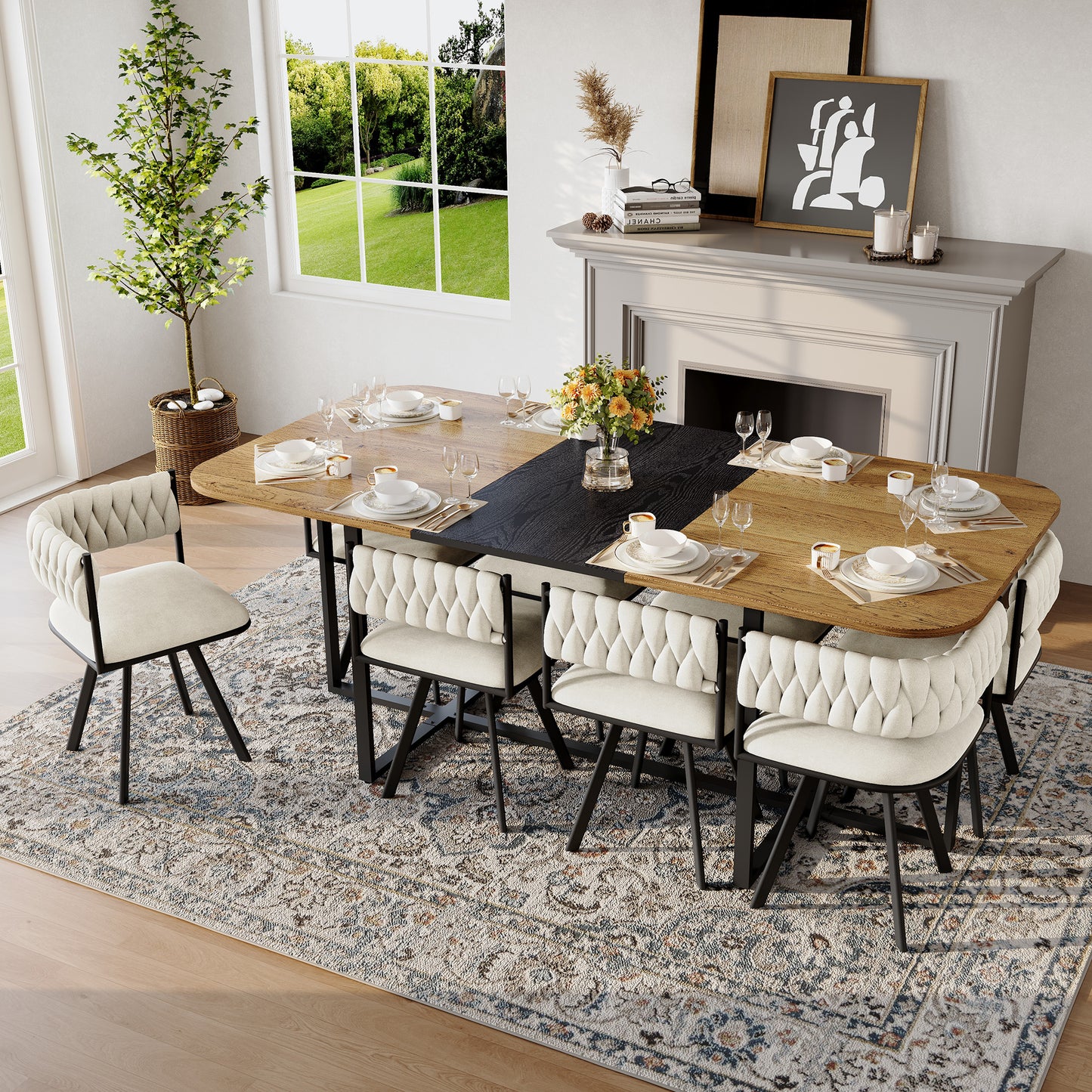 9-Piece Square Dining Table Set, Fixed Two-Tone Wood Grain & Black