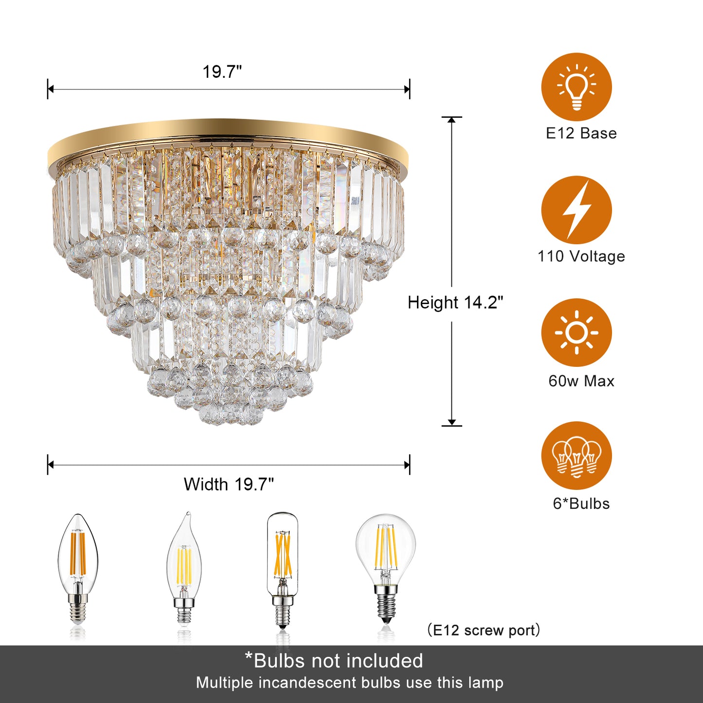 Gold Crystal Chandelier - Modern Ceiling Light Fixture 19.7"