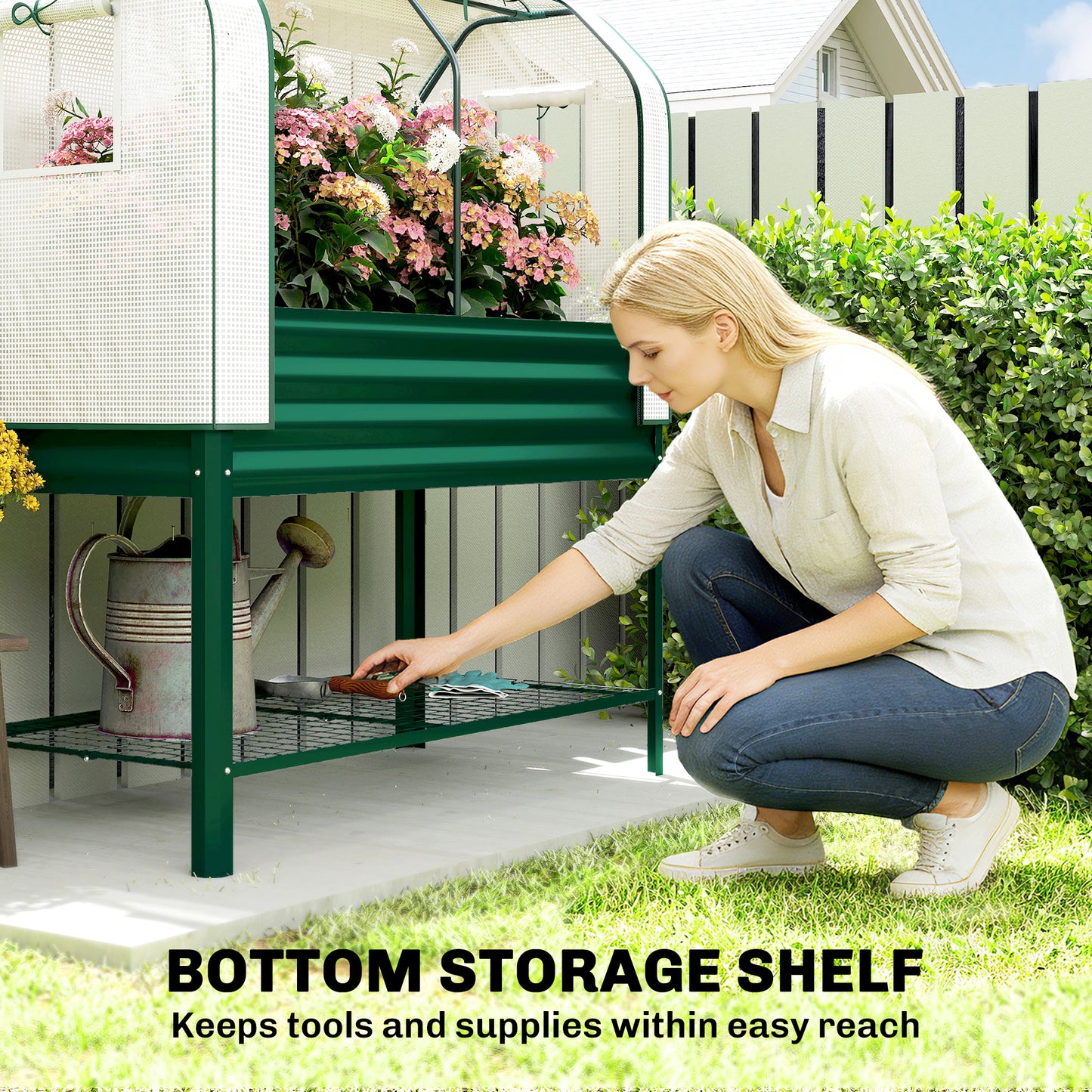 Galvanised Raised Garden Bed with Greenhouse Cover & Bottom Shelf - 1330x370x120mm