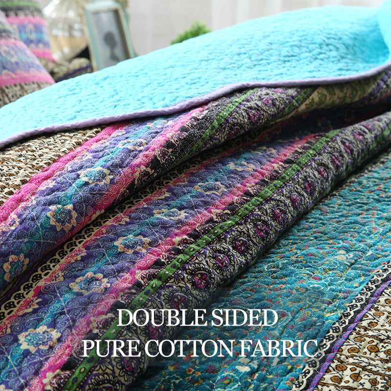 Bohemian Reversible Cotton Quilt Bedspread Set - All Season Lightweight Bedding