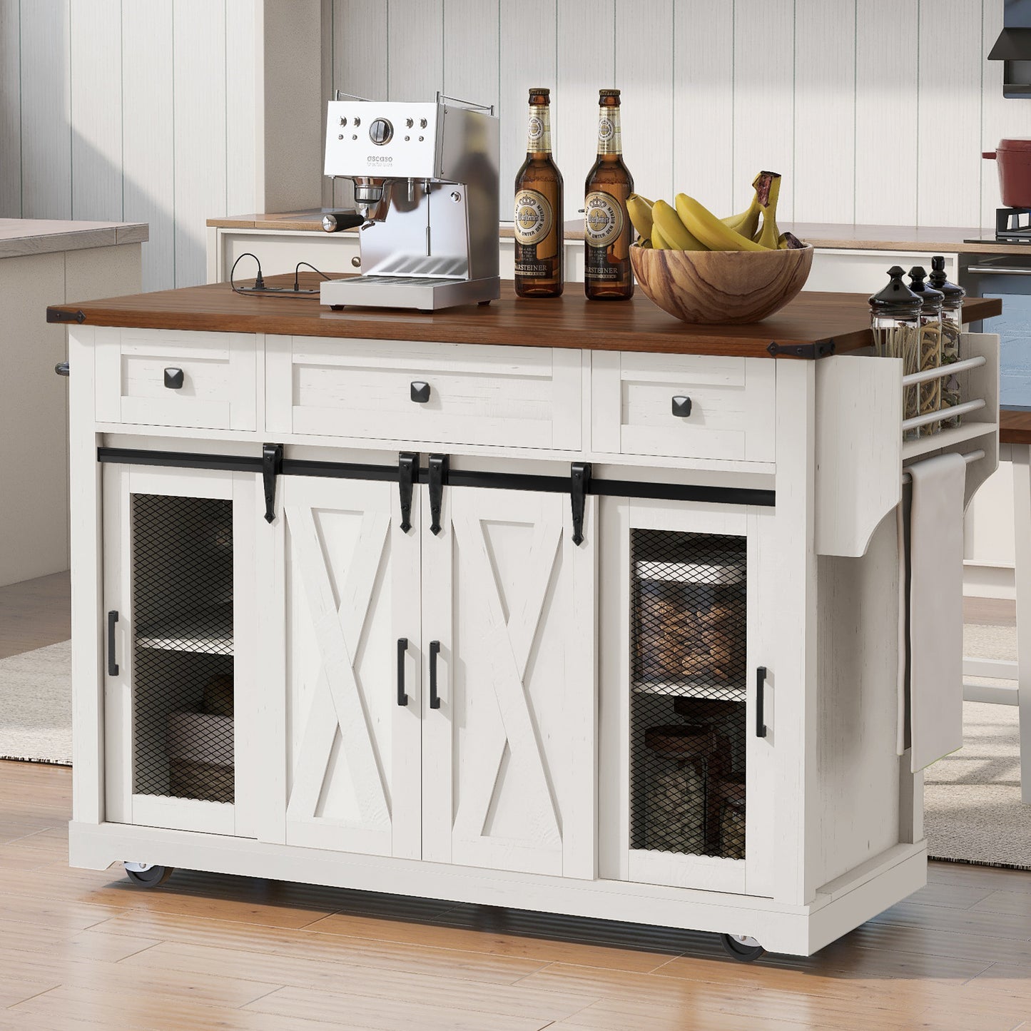 K&K 58 Farmhouse Kitchen Island With Storage,Sliding Barn Door &