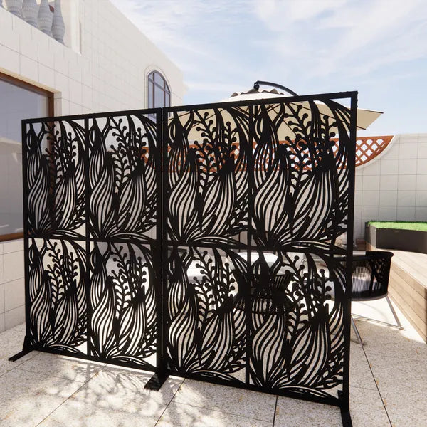 Metal Privacy Screen 3.8ft x 6ft Outdoor Indoor Divider - Black Leaf Design