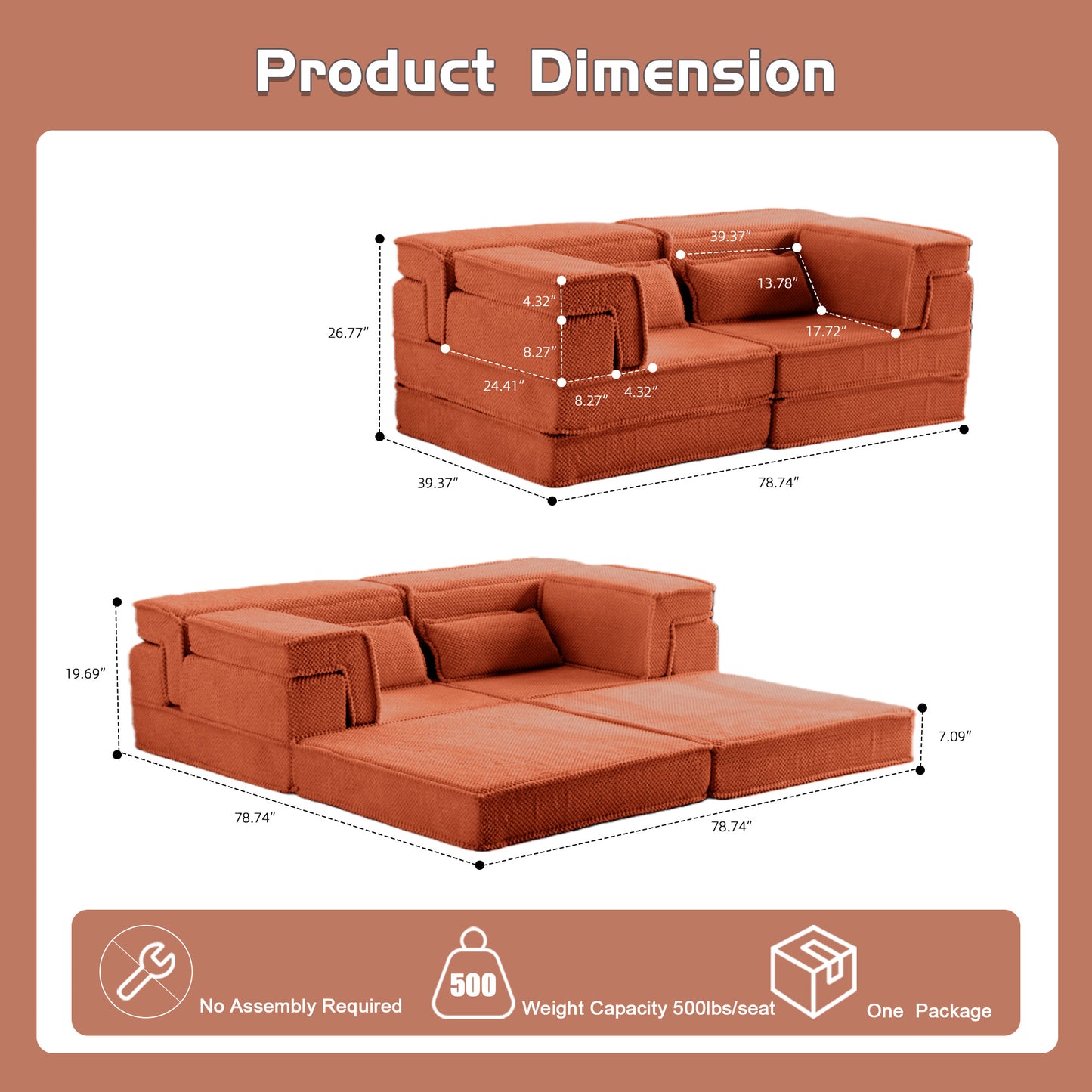 Convertible Floor Sofa Bed - Modern Orange Loveseat with Memory Foam