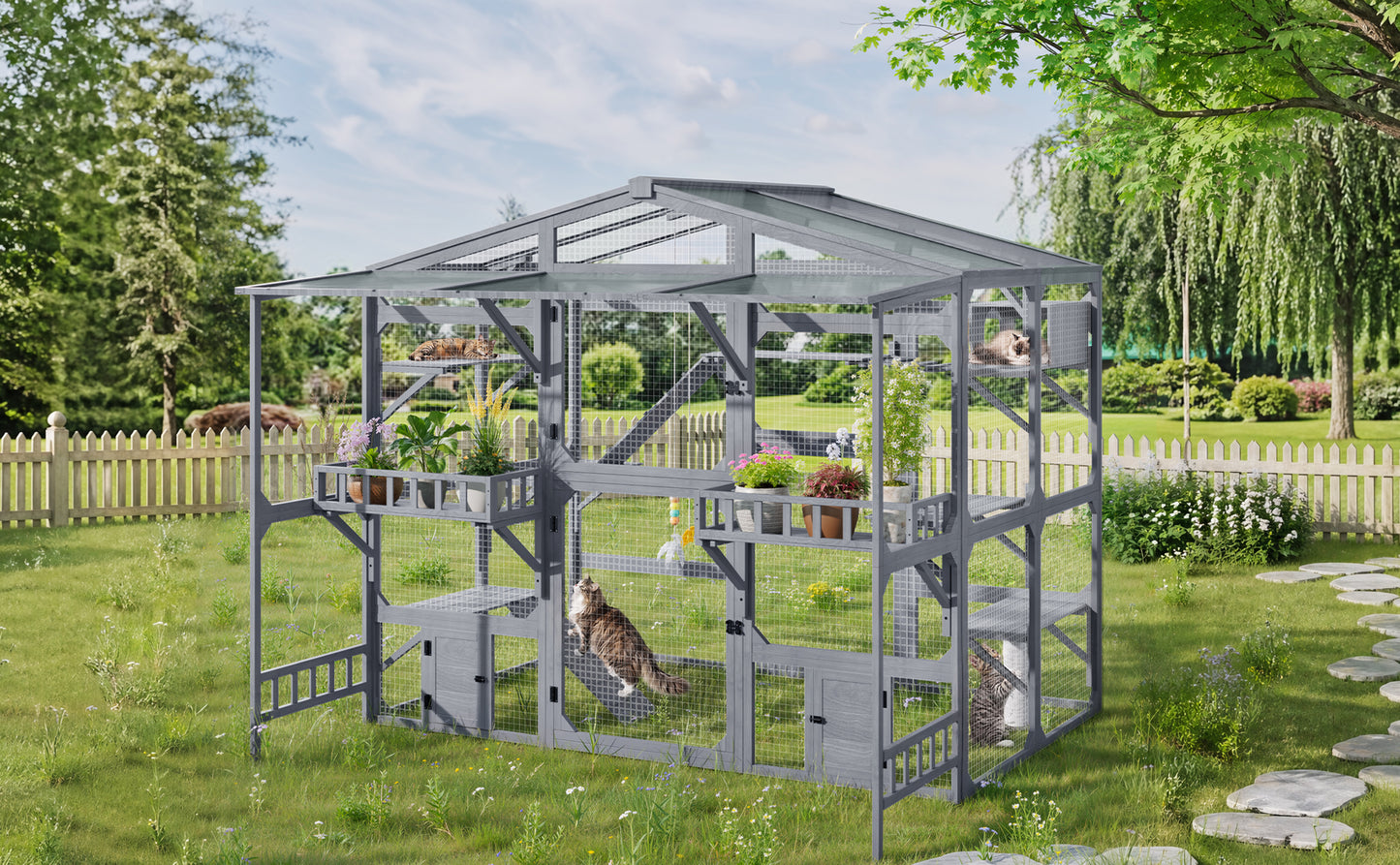 Outdoor Cat Enclosure with 6 Platforms Climbing Ramp & Resting Box for Multiple Cats - Grey