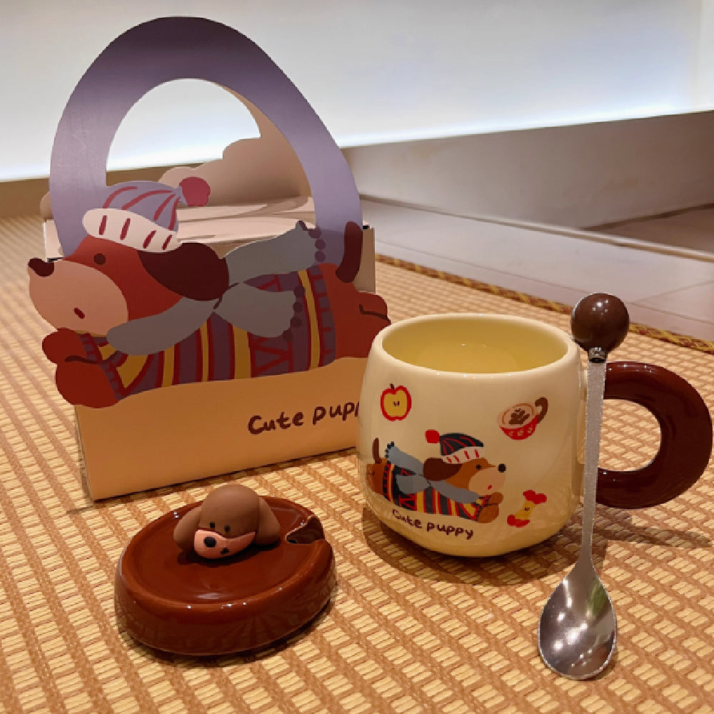 Cartoon Sausage Dog Mug with Lid and Spoon - Ceramic Water Cup, 350ML