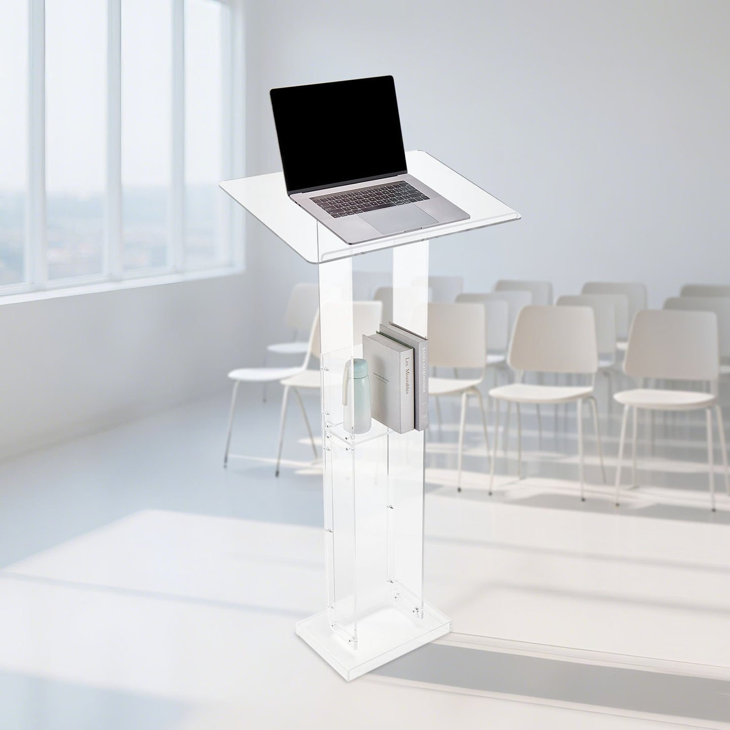 Portable Acrylic Podium Stand with Storage Shelf - Natural