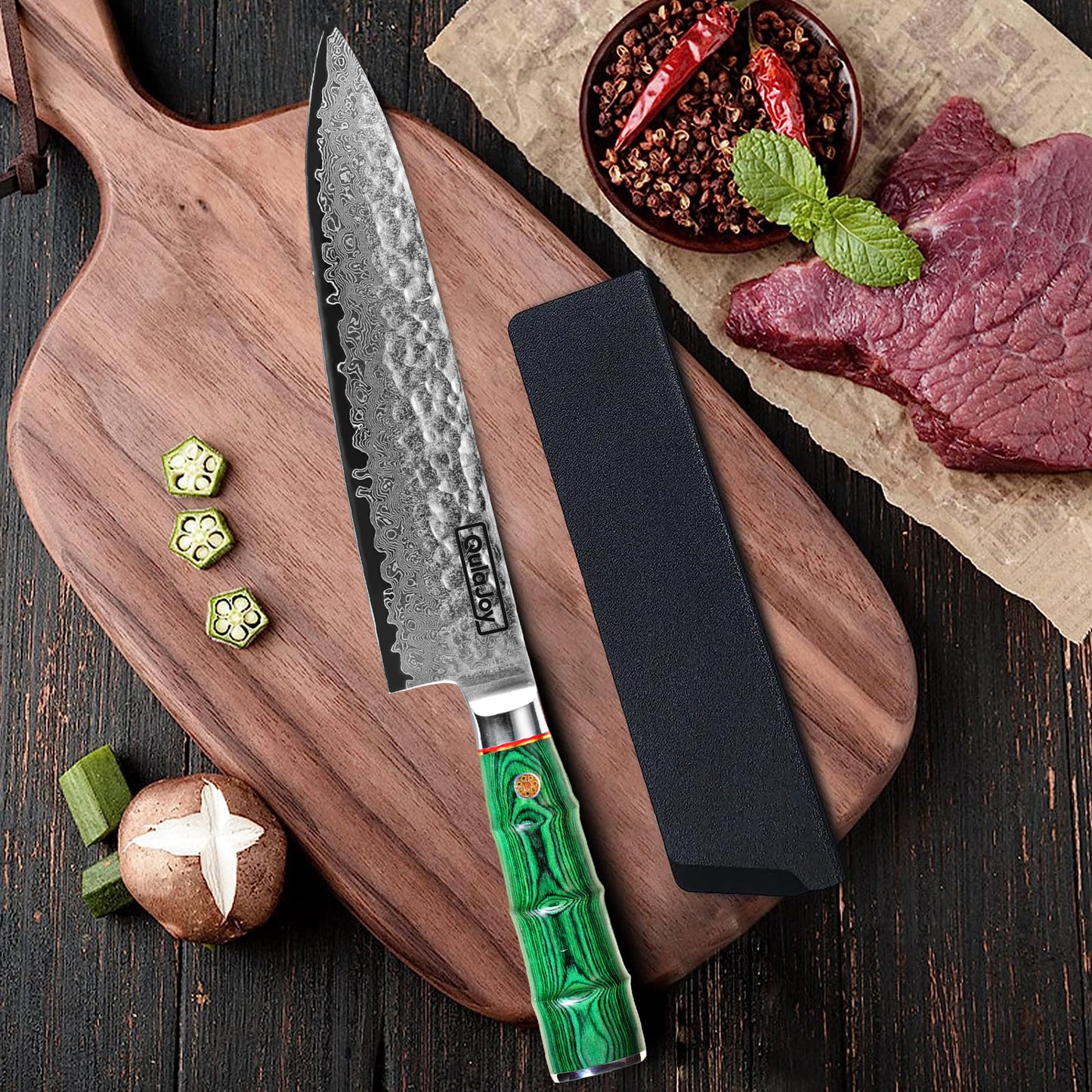 Japanese Chef Knife 8 Inch - Damascus VG-10 Steel, Hammered Blade