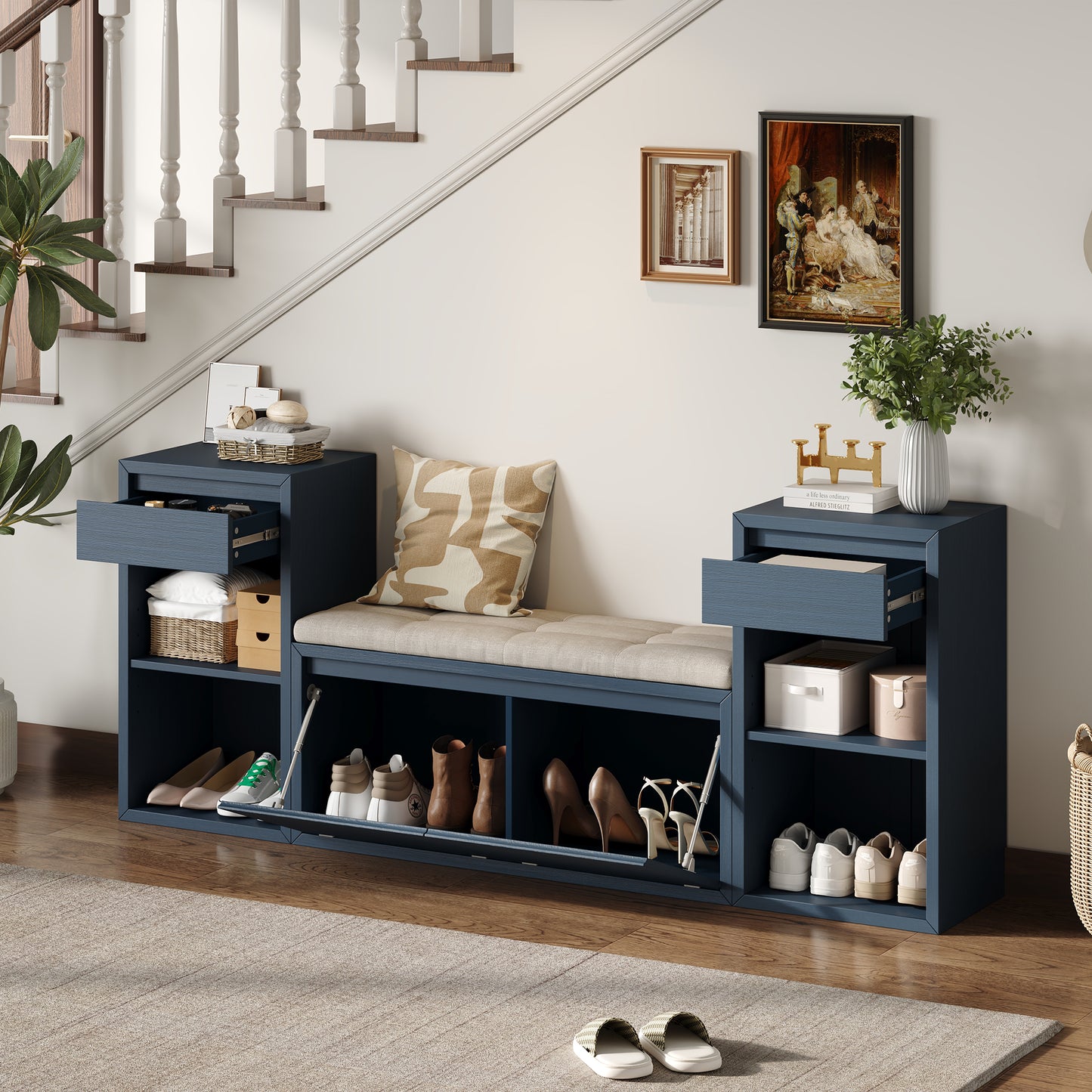 Entryway Storage Bench with Cushion, Compartments & Drawers - Antique Navy
