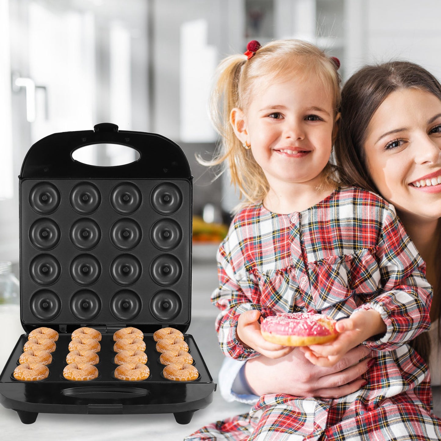 Mini Donut Maker Machine for Kids & Family, 16 Non-Stick Doughnuts, Black