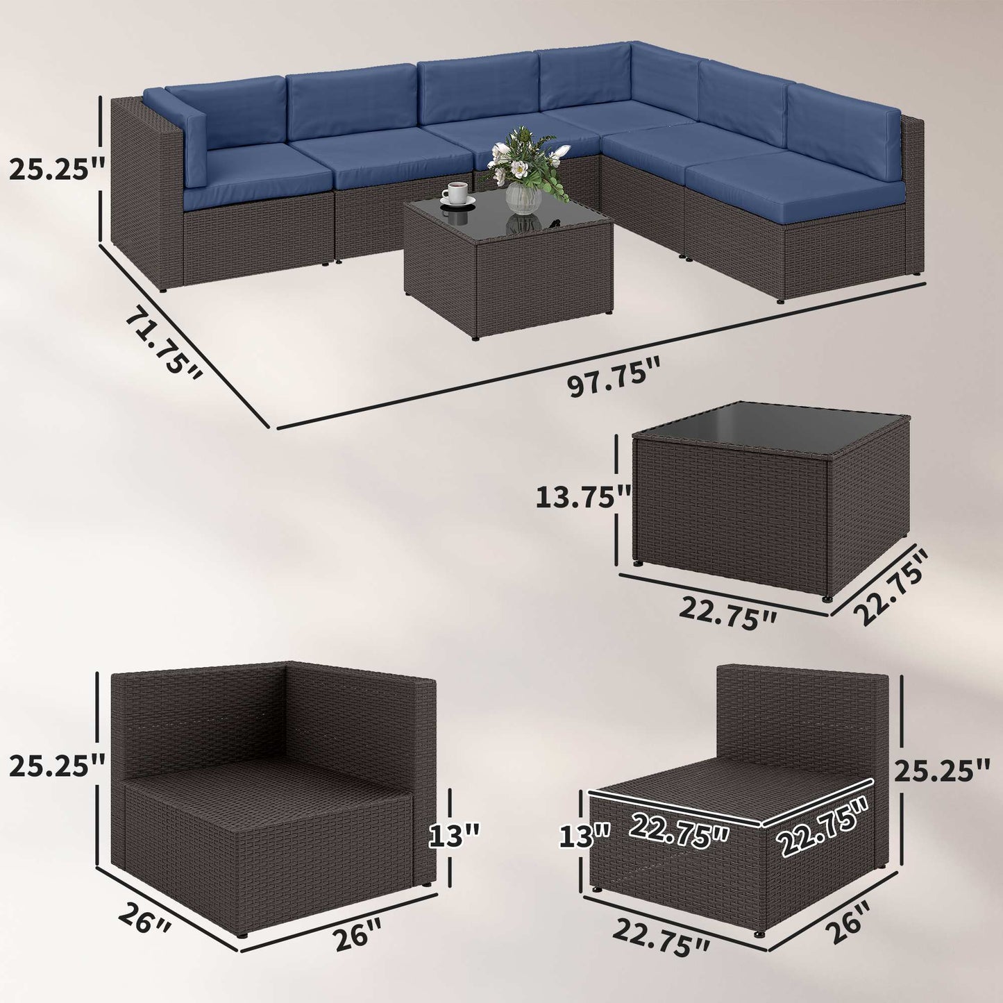 7-Piece Outdoor Rattan Sofa Set with Glass Coffee Table