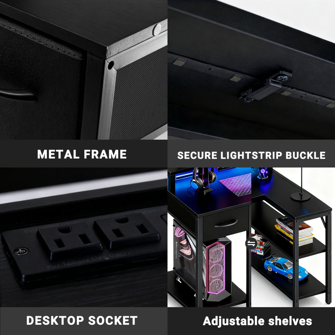 L-Shaped Gaming Table with USB Charging & LED Light