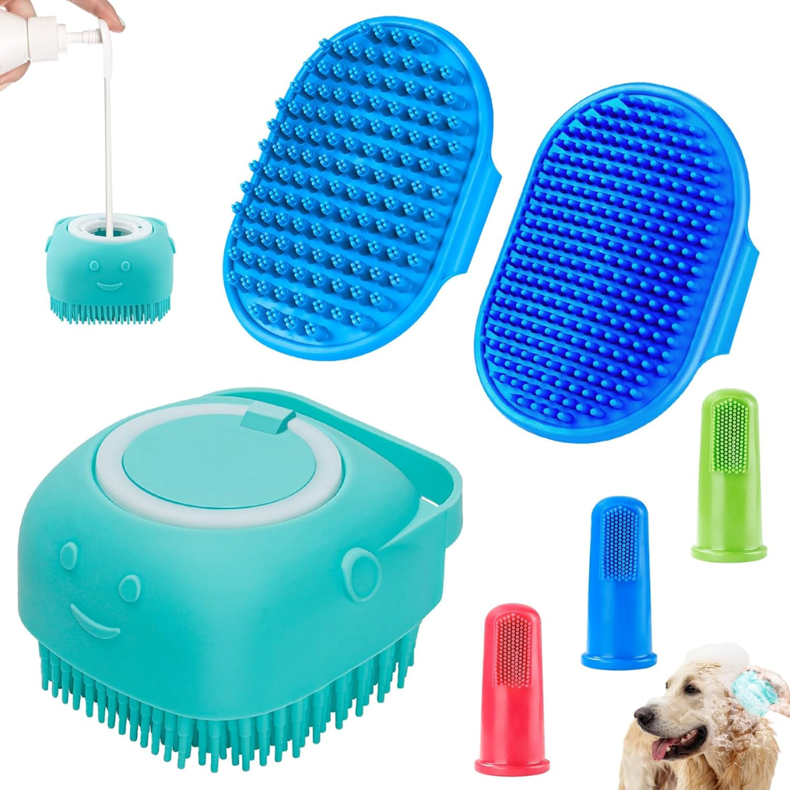 Dog Bath Brush Set with Adjustable Handle & Shampoo Dispenser - Short & Long Hair Pets