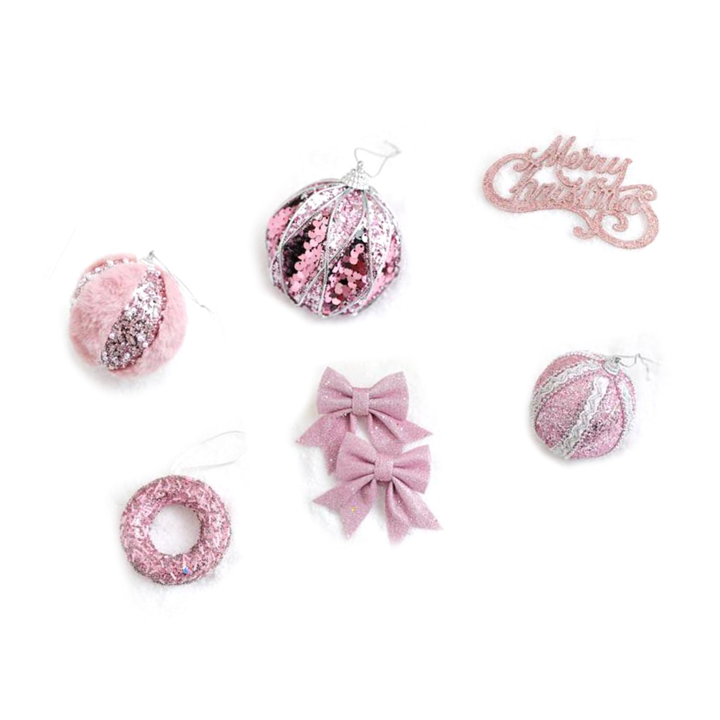 6-Piece Christmas Tree Decoration Set - Pink Plush Ornaments