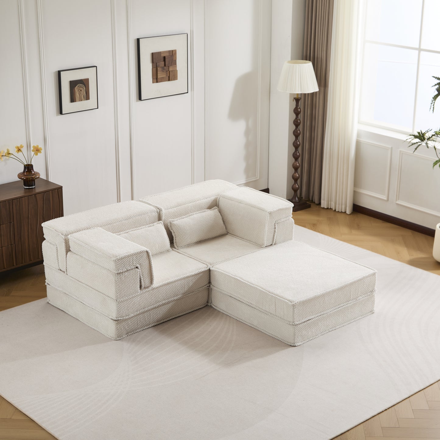 Convertible Floor Sofa Bed - White Modular Sectional with Ottoman