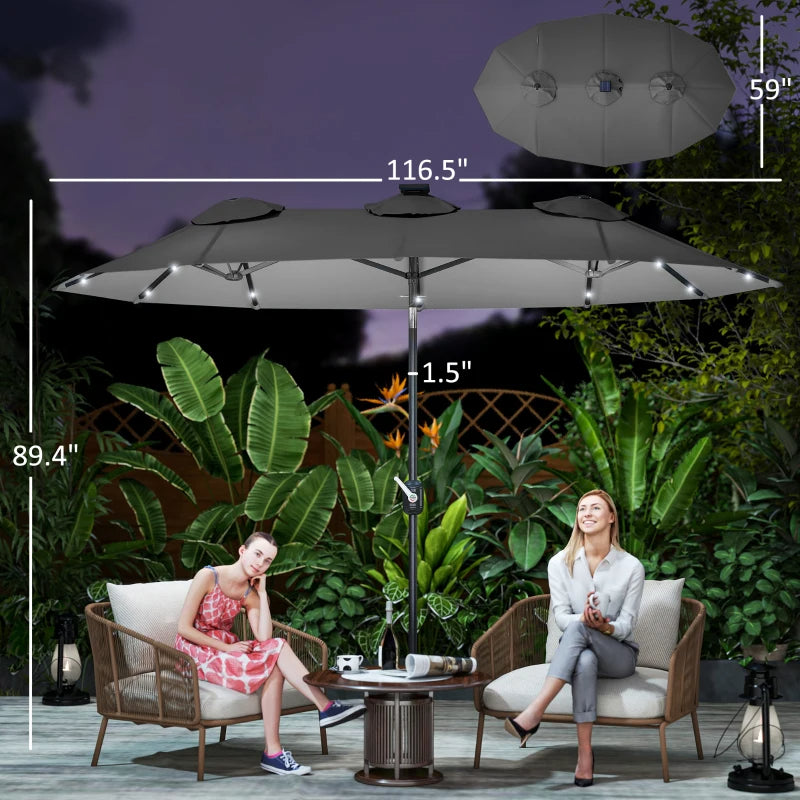 Double-Sided Patio Umbrella with LED Solar Lights - Gray