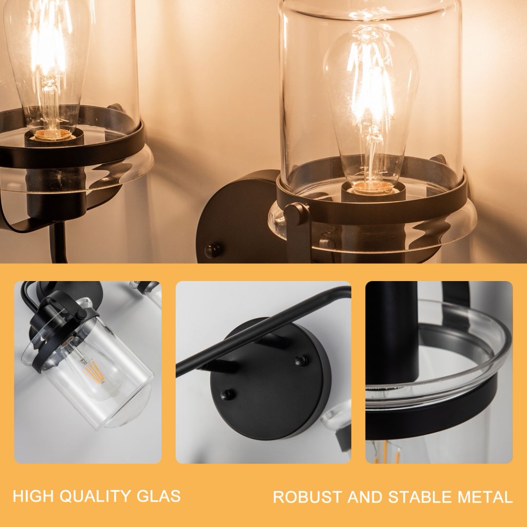 Modern Black Wall Sconce Light with Clear Glass Shade - Indoor Indoor Fixture for Bathroom Bedroom Living Room Kitchen Sink - E26 Socket