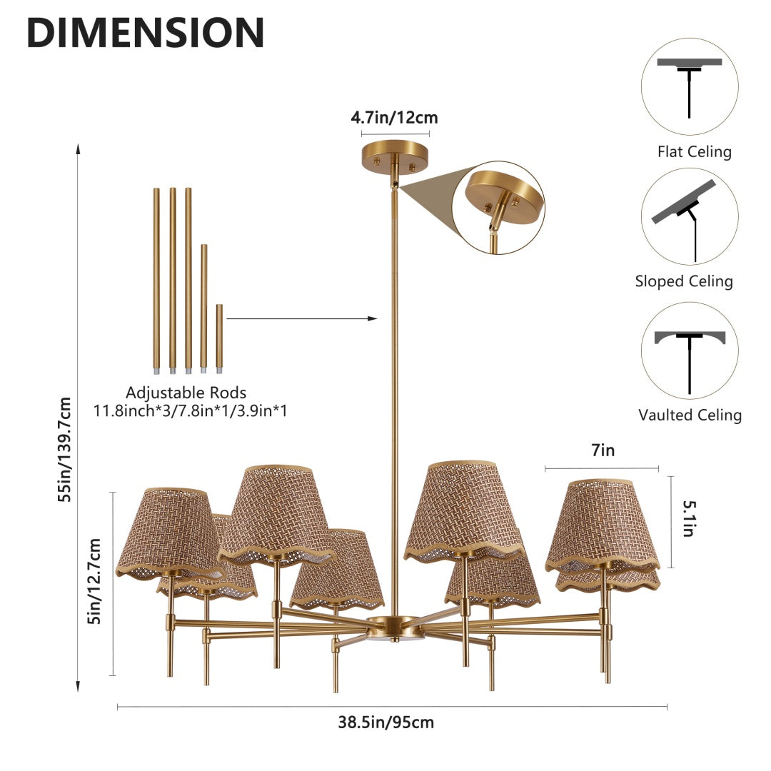 Boho Rattan Pendant Light 8-Light Ceiling Fixture with Adjustable Height