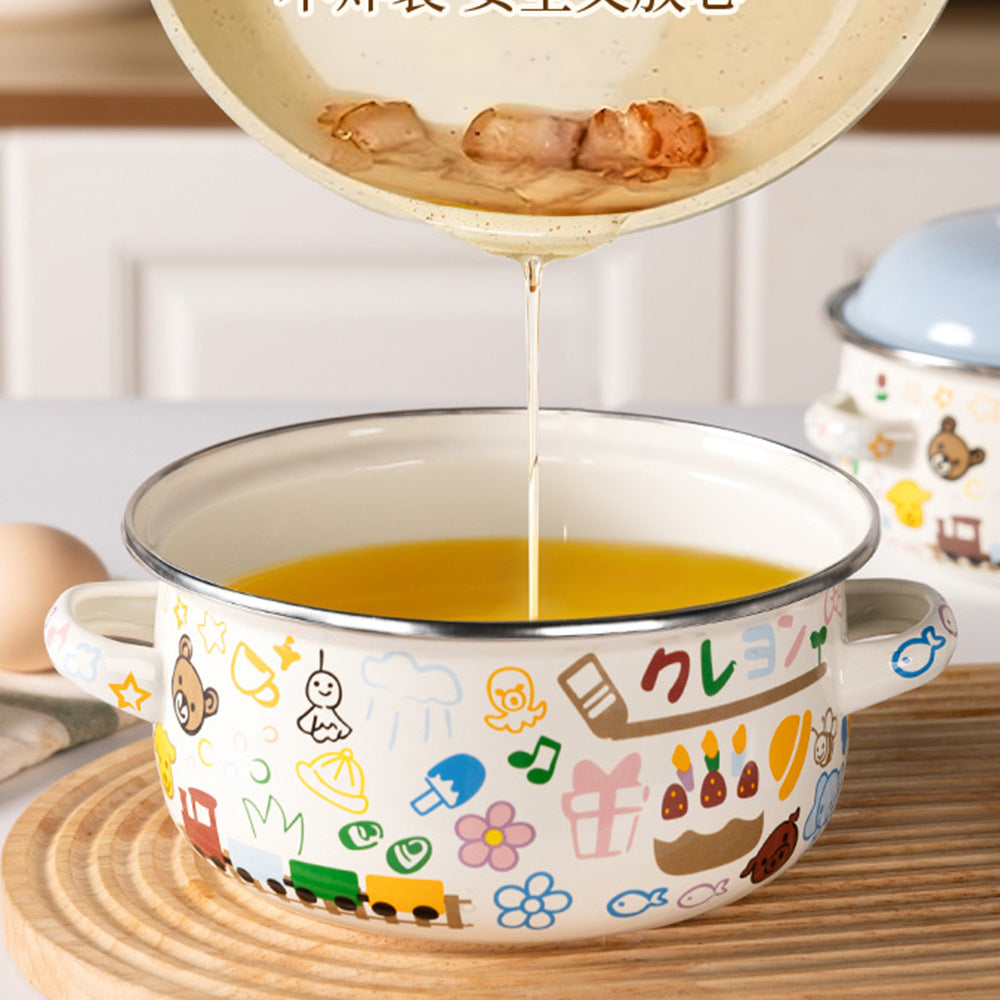 Double-Handled Enameled Noodle Bowl with Lid & Heat-Resistant Oil Can - Multi-Color Set