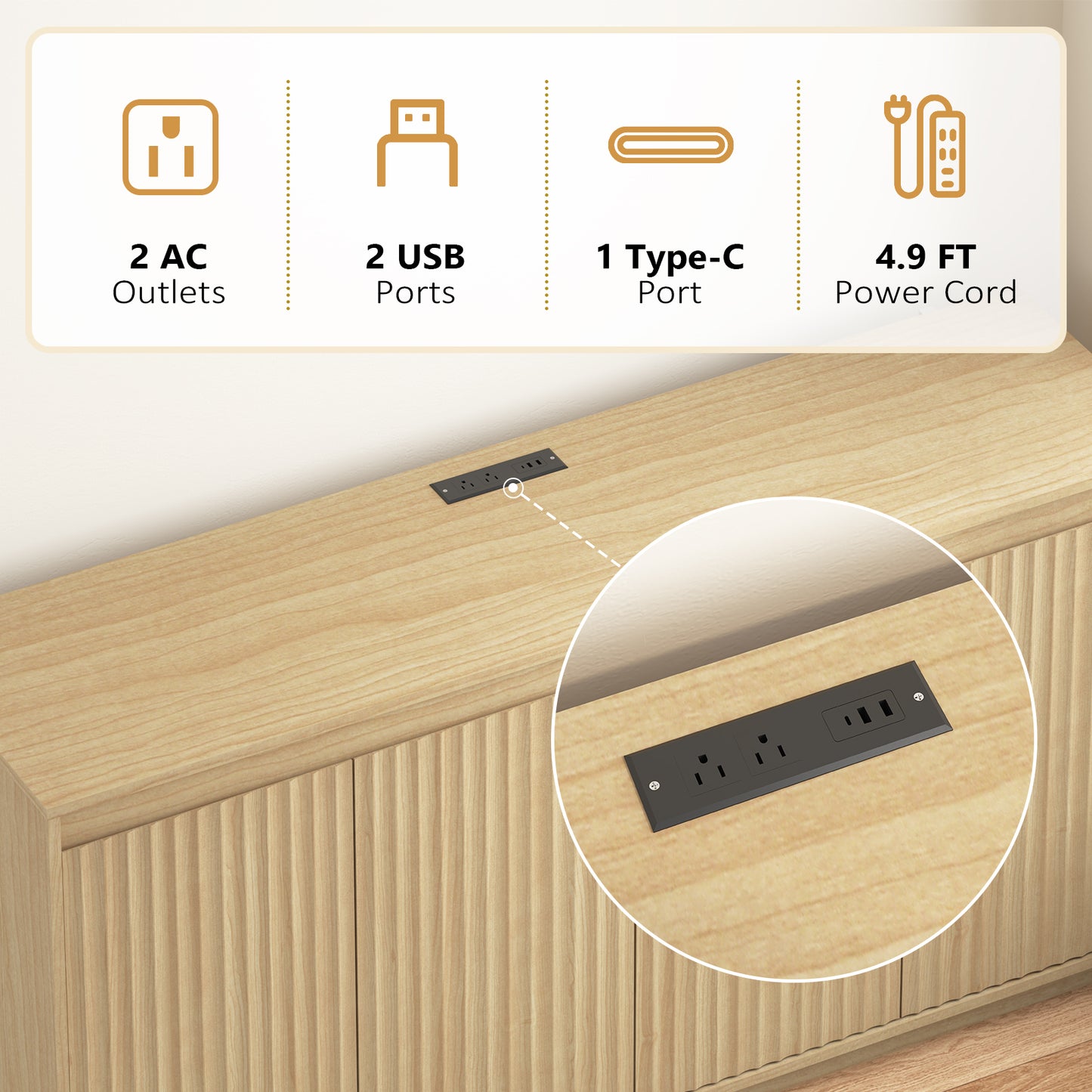 Natural 4-Door Sideboard Buffet Cabinet with Power Outlet