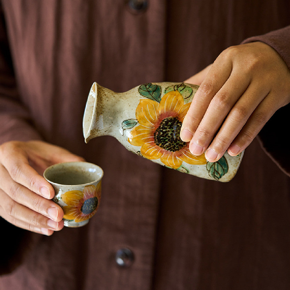Hand Drawn Sunflower Ceramic Wine Dispenser with Glass Set - Retro Kitchen Barware