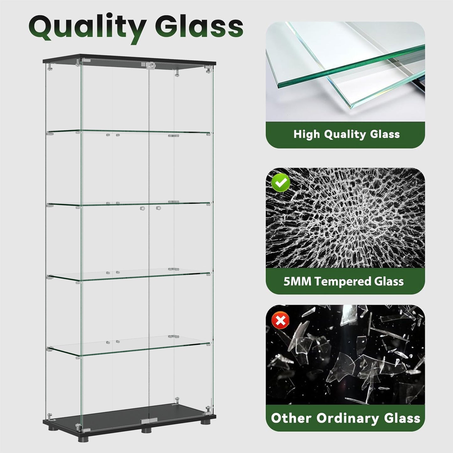 Glass Display Cabinet with 5 Shelves and Lock - Black