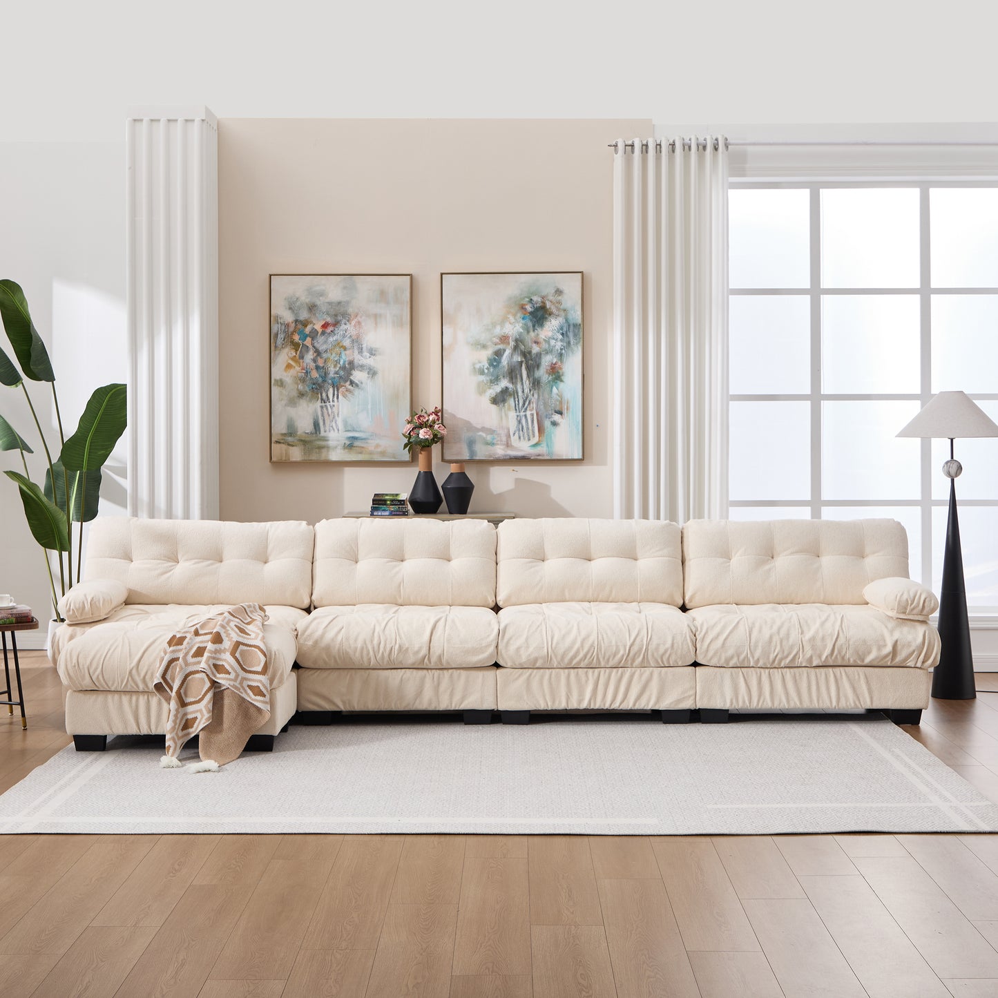 L Shaped Modular Sectional Sofa Cloud Couch - Beige