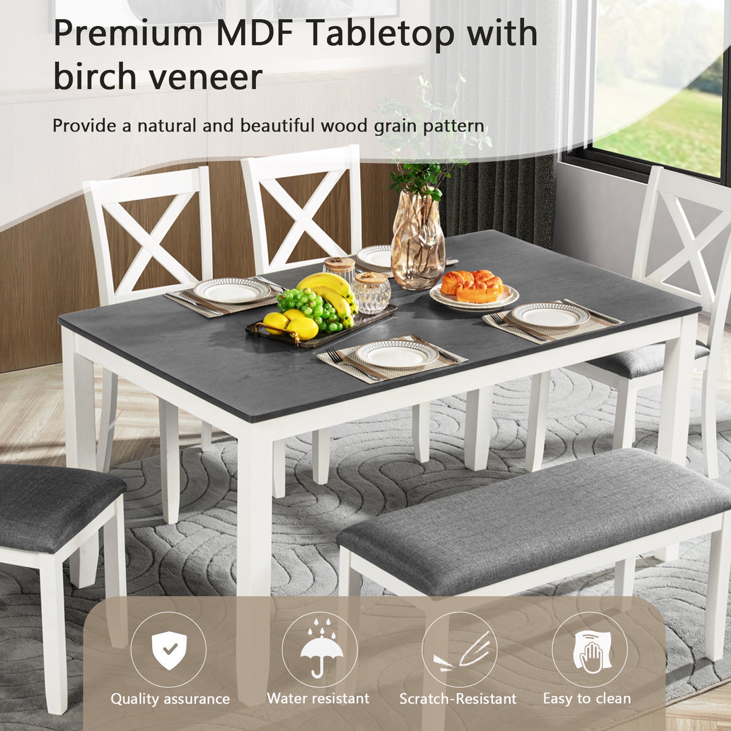 Modern 6-Piece Dining Table Set with Bench - Grey & White