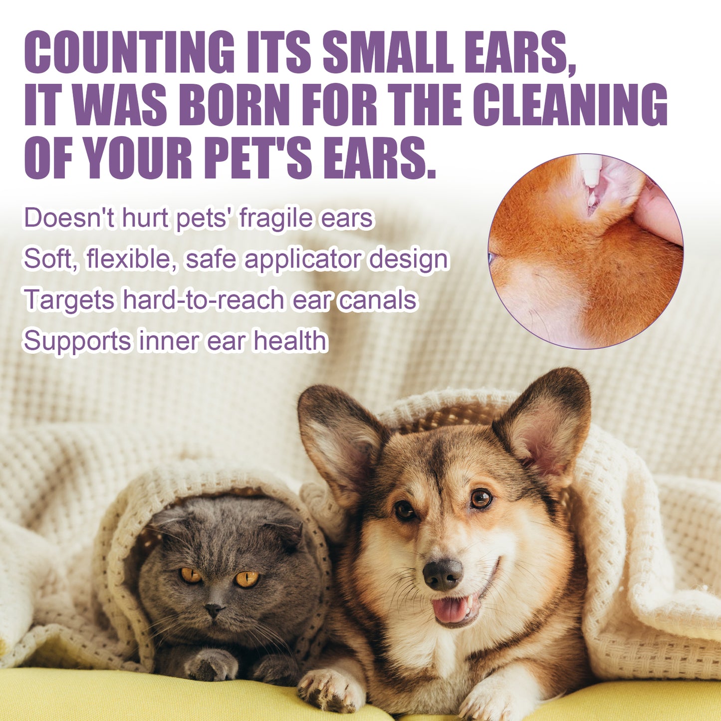 Pet Ear Rinse Cleaner 118ml with Cotton Swabs, Gentle Antimicrobial Ear Wash for Dogs Cats